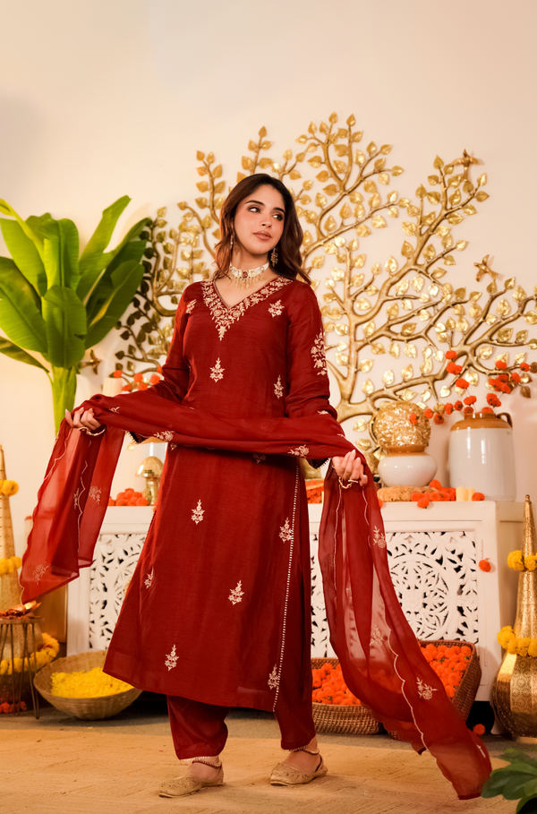 SARGUN MAROON PREMIUM RUSSIAN SILK HANDWORK  SUIT