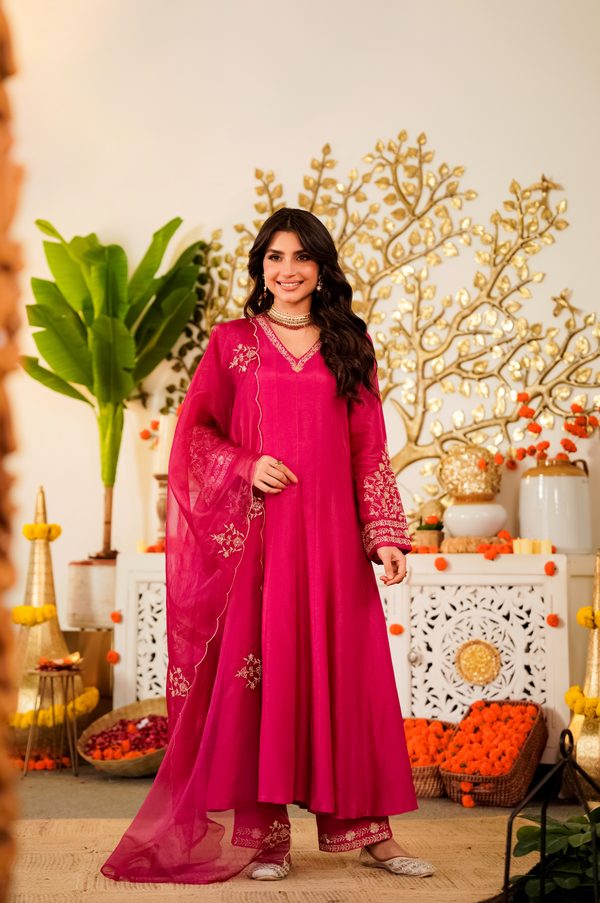 MIRHA PINK HANDWORK RUSSIAN SILK A-LINE SUIT SET