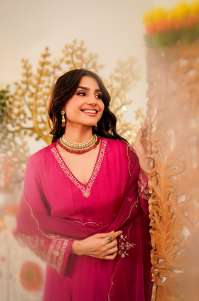 MIRHA PINK HANDWORK RUSSIAN SILK A-LINE SUIT SET