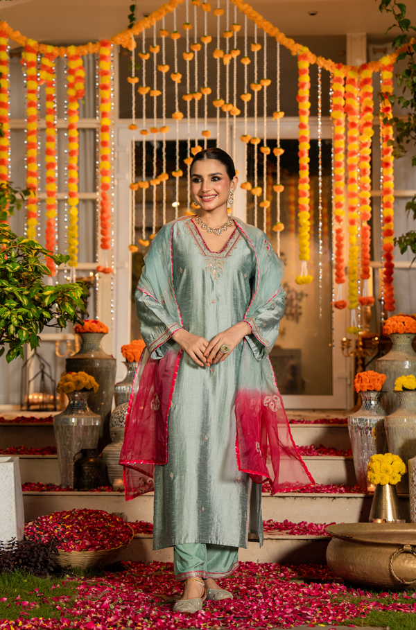 NAZREEN MINT SAGE DOLA SILK SUIT SET
