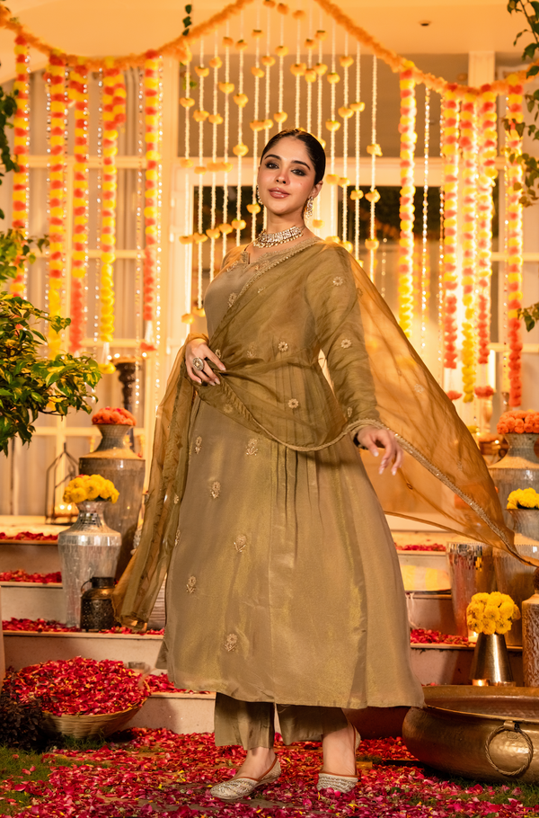 NAZAKAT DUSTY GOLD TISSUE SHIMMER SUIT SET