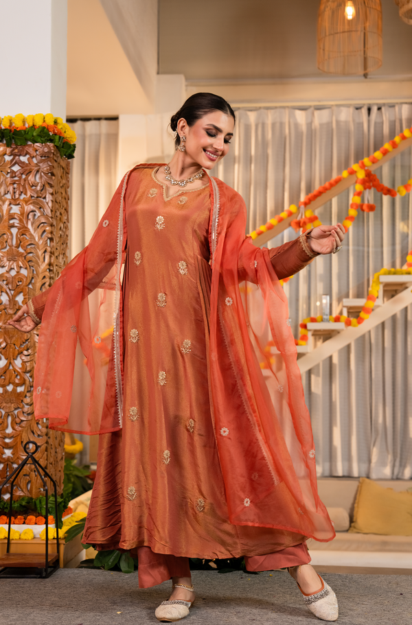 NAZAKAT WARM CORAL TISSUE SHIMMER SUIT SET