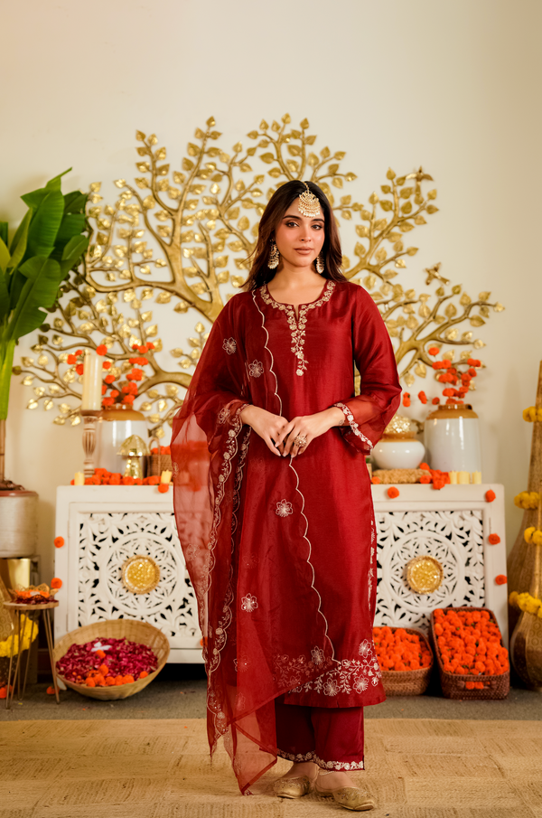 MEHNAZ CRIMSON ROYALE RUSSIAN SILK SUIT SET