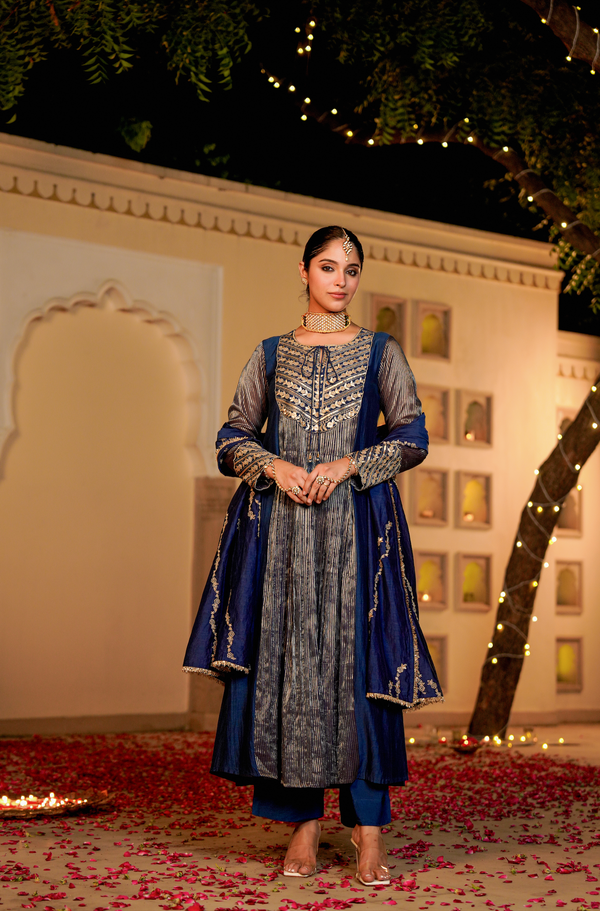MIDNIGHT BLOOM FLAIRED CHANDERI SUIT SET