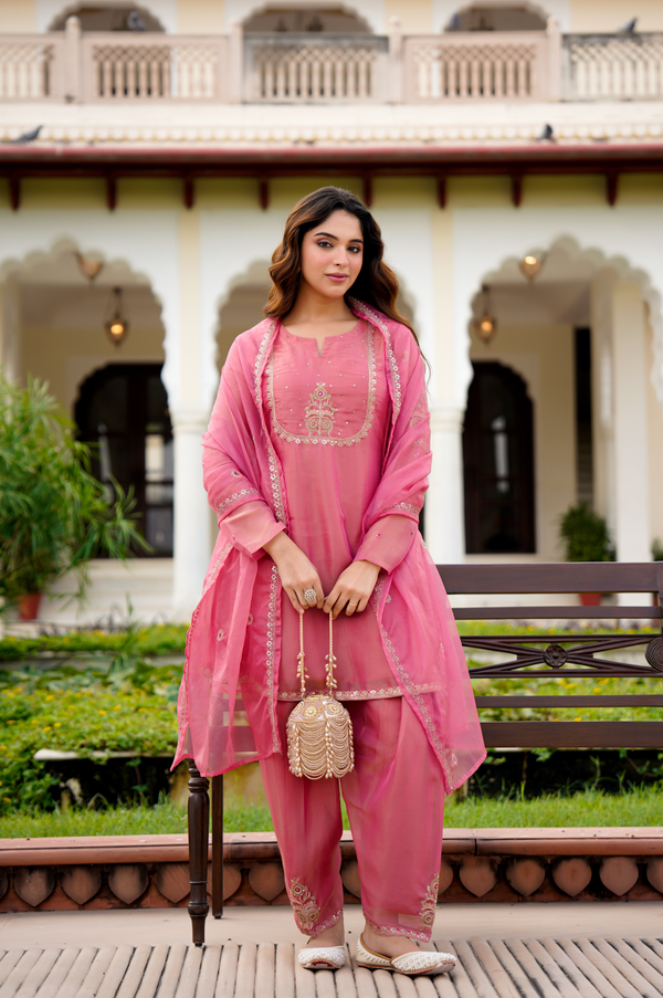 NARGIS ROSE PINK TISSUE SHIMMER SUIT SET
