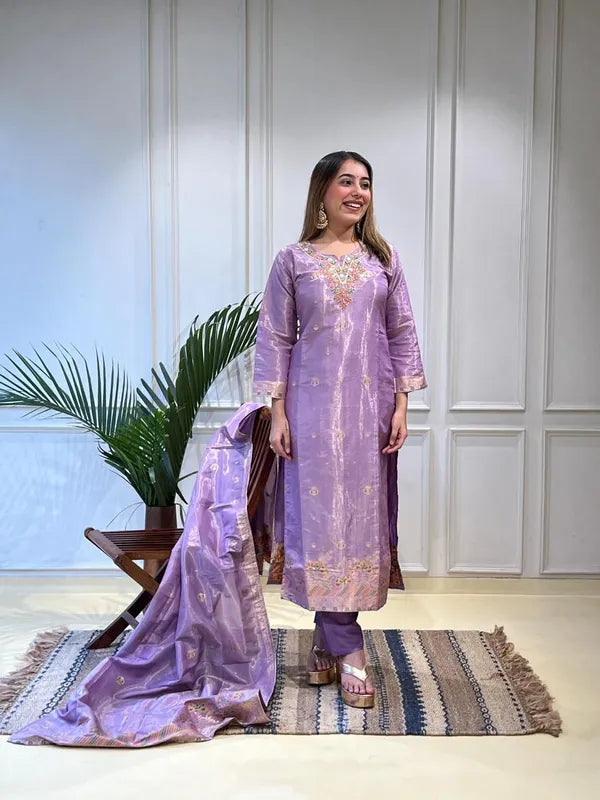 HOORAIN LILAC SHIMMER SILK HAND EMBROIDERED SUIT SET