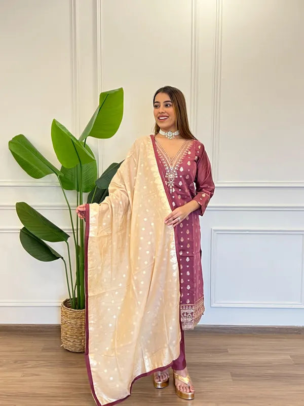AAYA WINE CHANDERI SILK JACQUARD SOLID SUIT SET