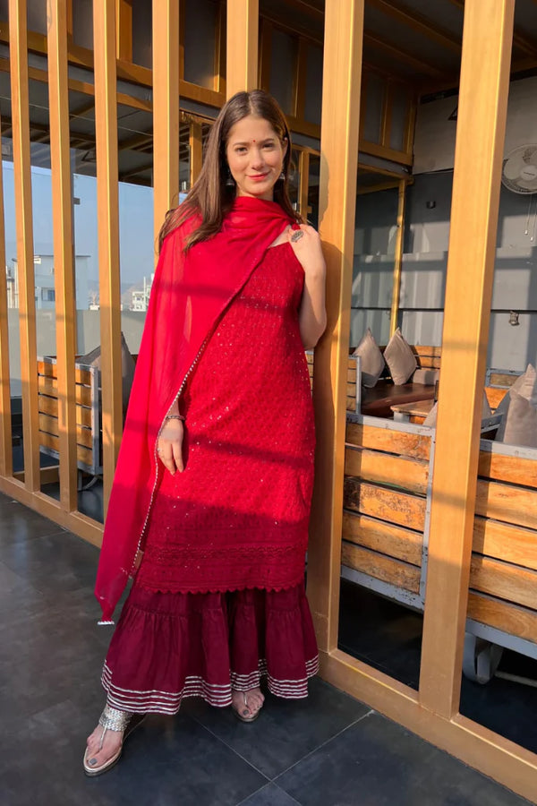 MAROON CHIKANKARI SHARARA SET