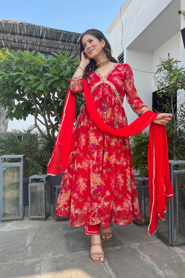 HIRAYA FLORAL CHIFFON RED ANARKALI SET