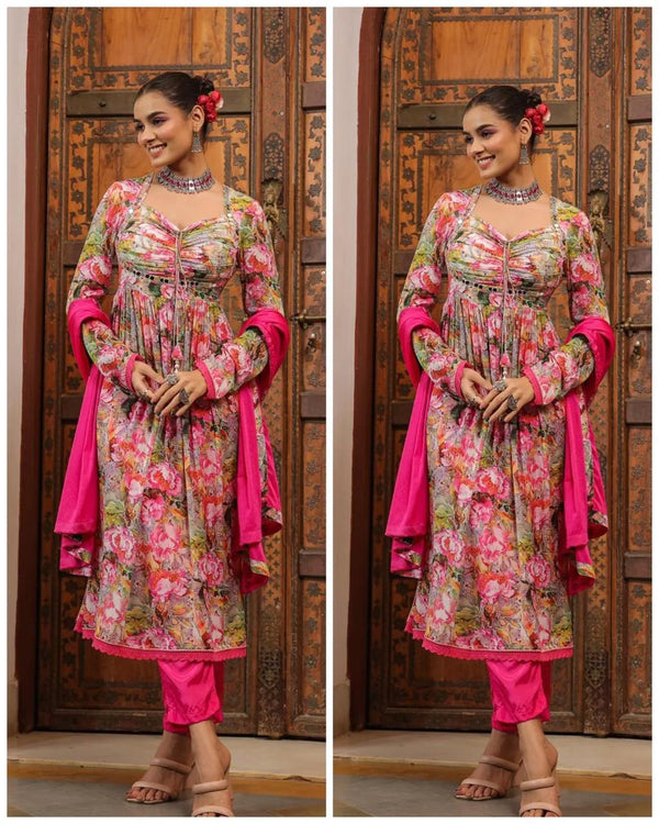 PADDED CHINNON PEACH ANARKALI SUIT SET