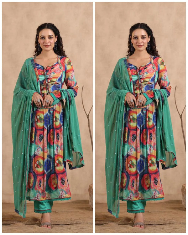 PADDED CHINNON DARK GREEN ANARKALI SUIT SET
