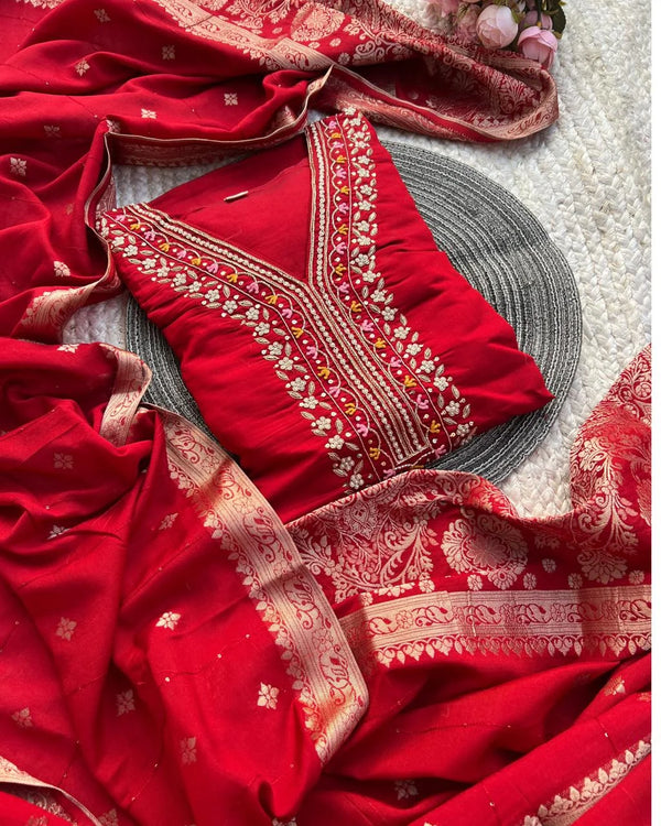 RED PURE DOLA SILK HANDWORK SUIT SET