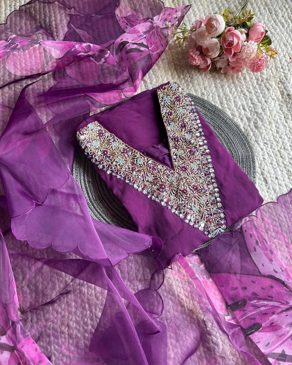 PURPLE ROMAN SILK HANDWORK 3 PIECE SUIT SET