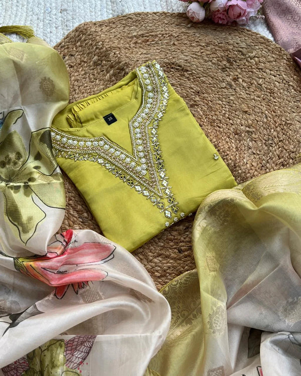 LIME GLASS TISSUE SILK SUIT SET