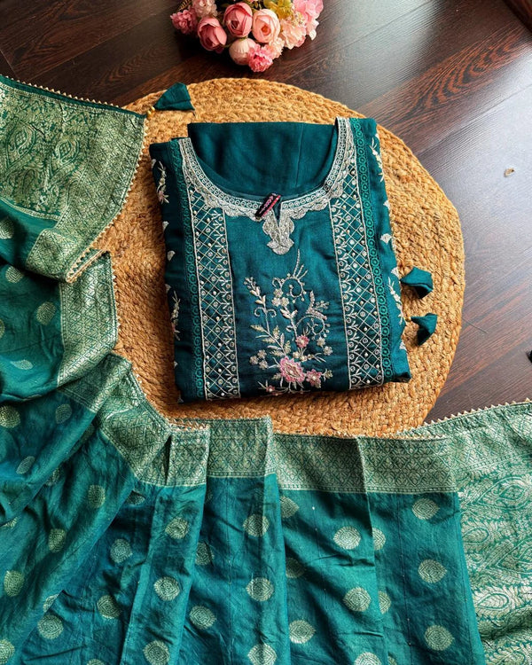SANJANA BOTTLE GREEN PURE DOLA SILK HANDWORK SUIT SET