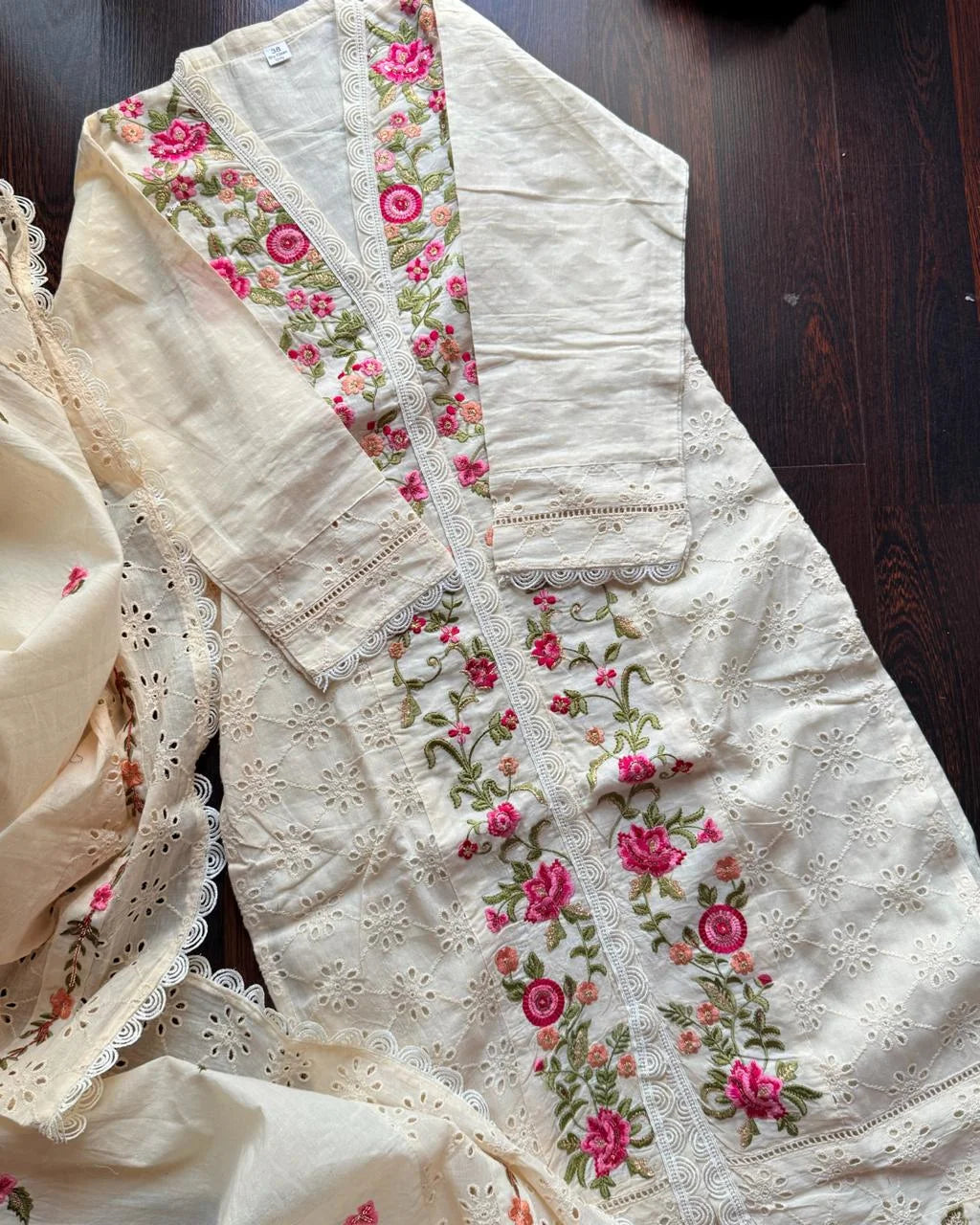 SAANVI IVORY PREMIUM KORA COTTON EMBROIDERED SUIT SET
