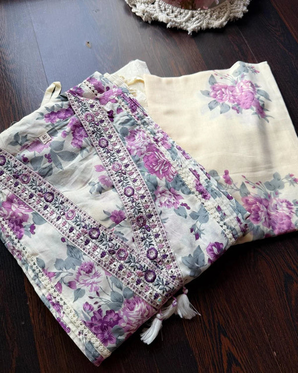 MOUNI PURPLE PURE COTTON A-LINE FLORAL SUIT SET