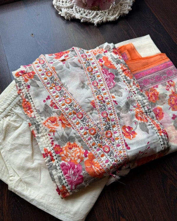 MOUNI ORANGE PURE COTTON A-LINE FLORAL SUIT SET