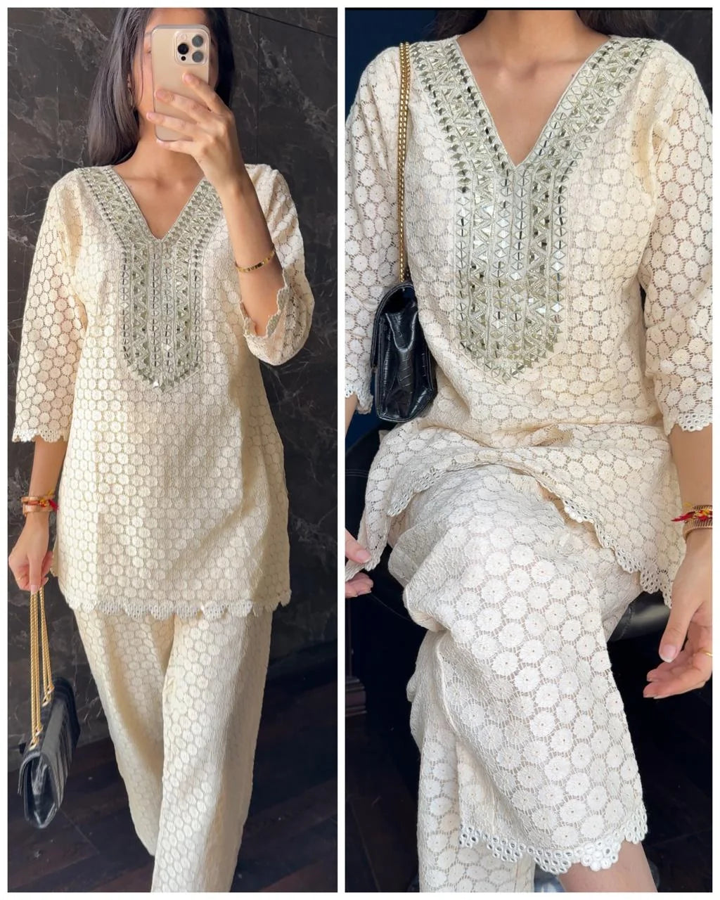 ANEEZ OFF WHITE PREMIUM CROCHET CO-ORD SET