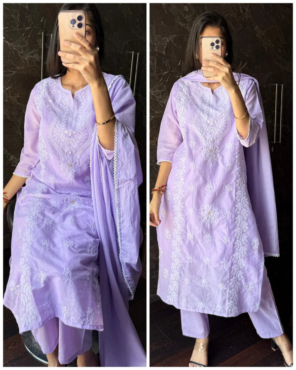 SARGAM LILAC PURE MUL COTTON CHIKANKARI SUIT SET