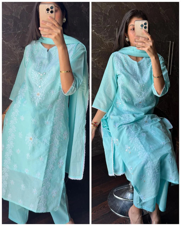 SARGAM AQUA PURE MUL COTTON CHIKANKARI SUIT SET