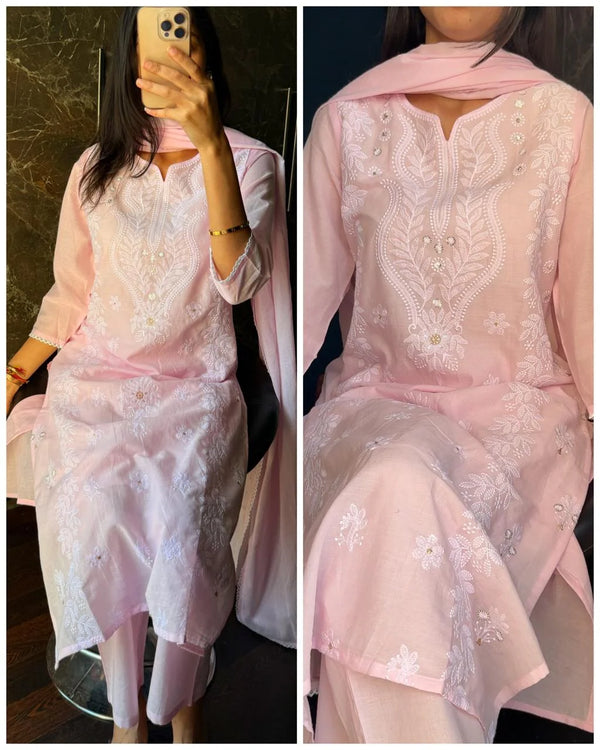 SARGAM PINK PURE MUL COTTON CHIKANKARI SUIT SET