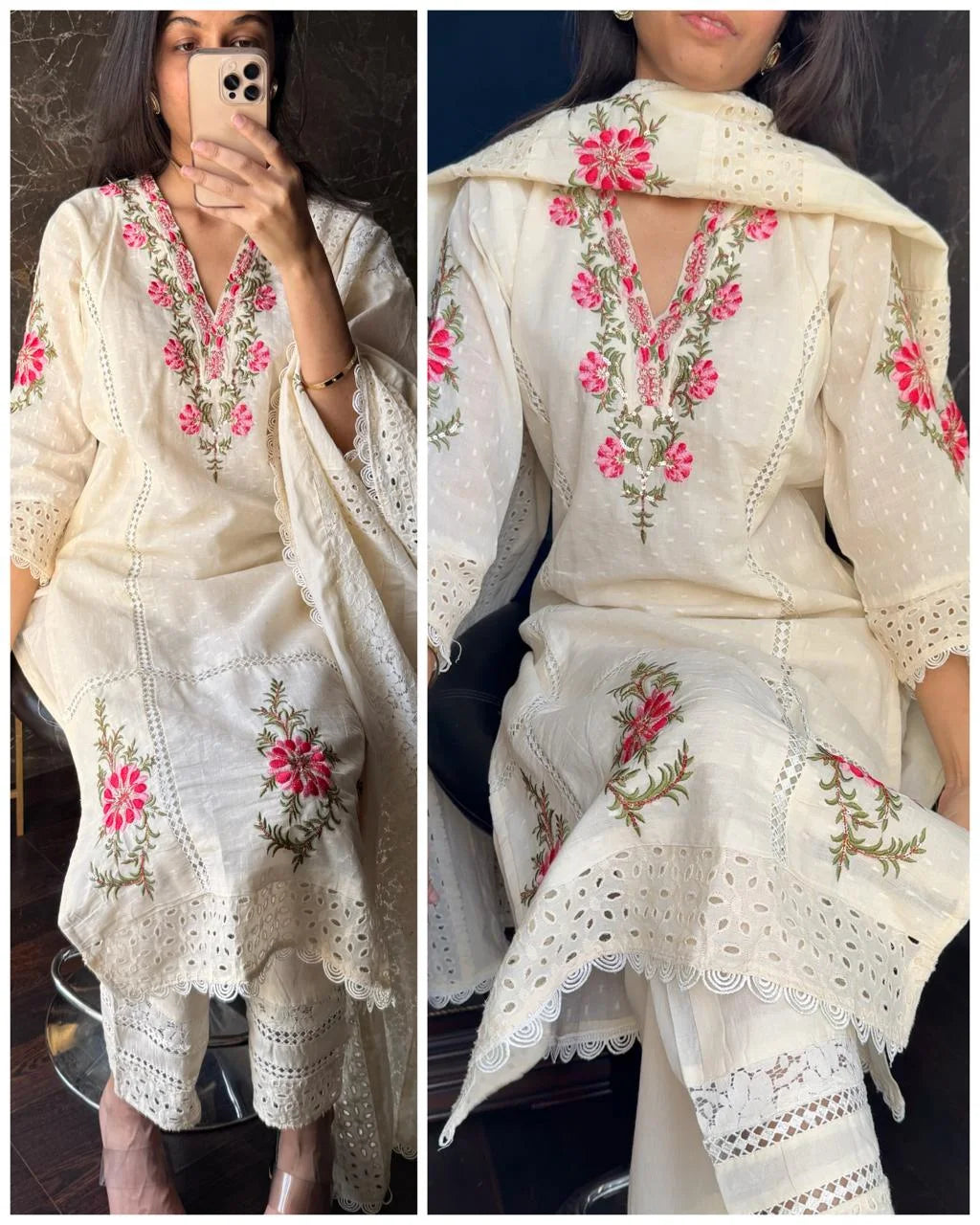 RUKHSAR OFF WHITE KORA COTTON EMBROIDERED SCIFFLI SUIT SET