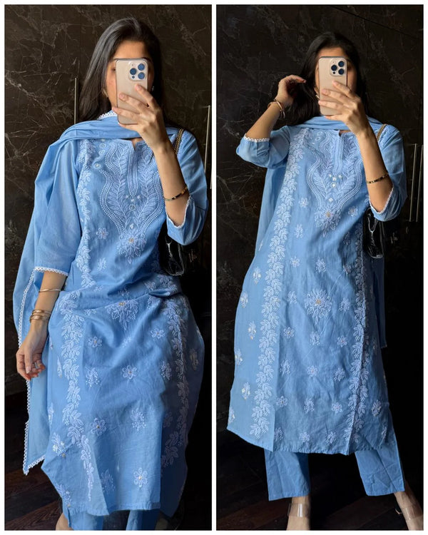 SARGAM POWDER BLUE PURE MUL COTTON  CHIKANKARI SUIT SET
