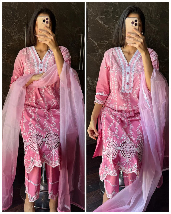 FARIDA PREMIUM PINK COTTON SCIFFLI OMBRE SUIT SET