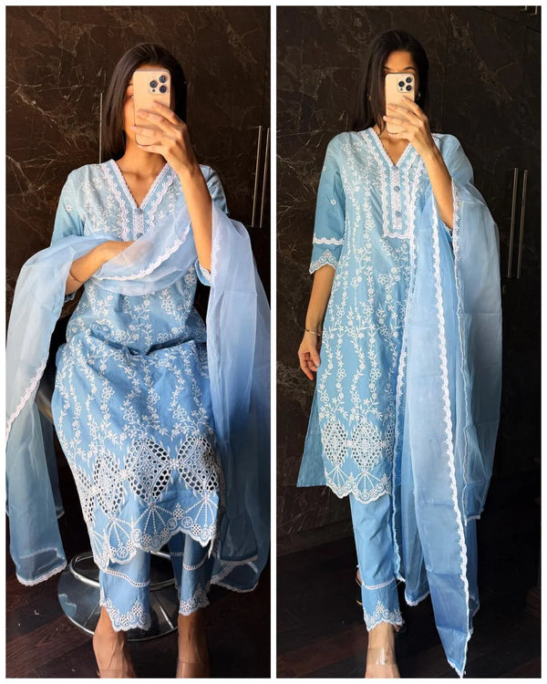 FARIDA PREMIUM BLUE COTTON SCIFFLI OMBRE SUIT SET