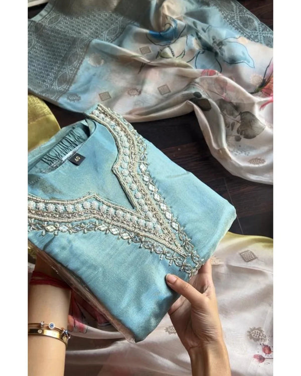 BLUE GLASS TISSUE SILK SUIT SET