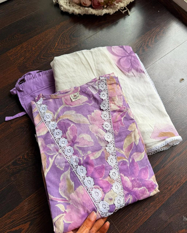 KAJAL PURPLE SLUB COTTON FLORAL SUIT SET