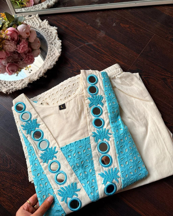 AASMA BLUE SCIFFLI COTTON CO-ORD SET