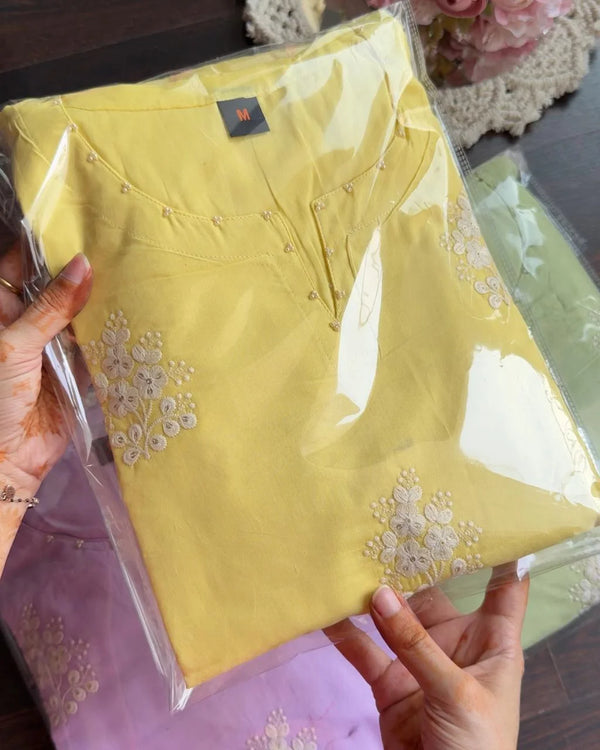AISHA YELLOW PREMIUM MUL COTTON EMBROIDERED SUIT SET