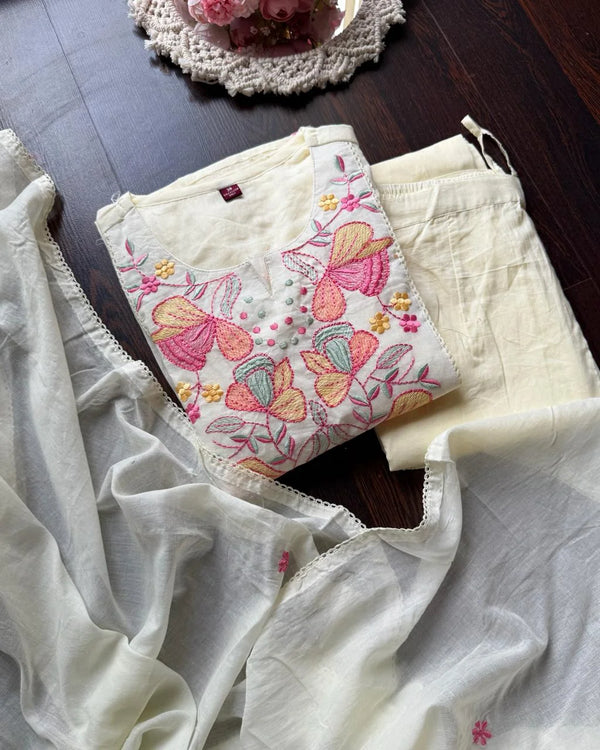 BHAVYA OFF WHITE PREMIUM MUL COTTON EMBROIDERED SUIT SET