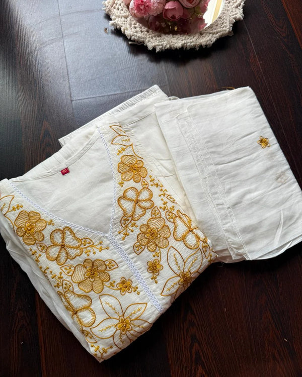 AKSHARA MUSTARD PREMIUM MUL COTTON EMBROIDERED SUIT SET