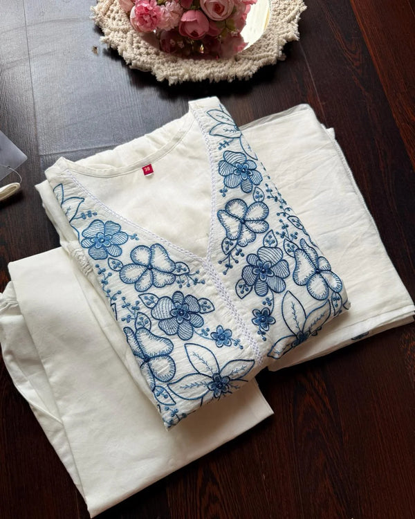 AKSHARA BLUE PREMIUM MUL COTTON EMBROIDERED SUIT SET