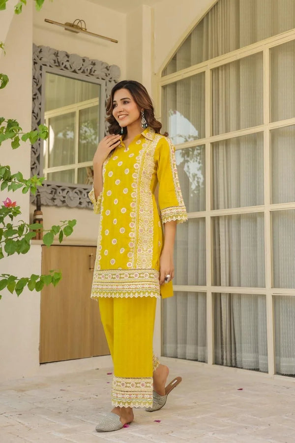 QURBAT MUSTARD PREMIUM EMBROIDERY COTTON CO-ORD SET