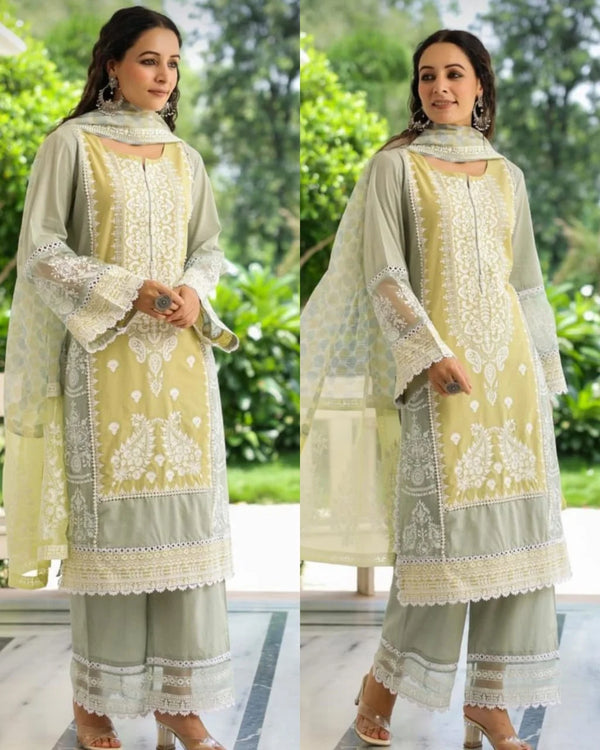 KHWAISH PURE COTTON PAKISTANI EMBROIDERED PASTEL SUIT SET