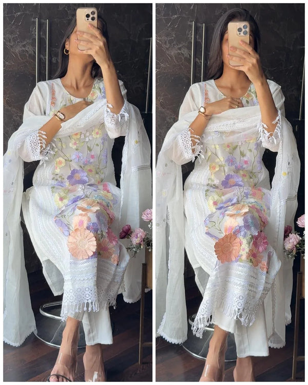URVASHI WHITE 3D FLOWER LINEN SUIT SET