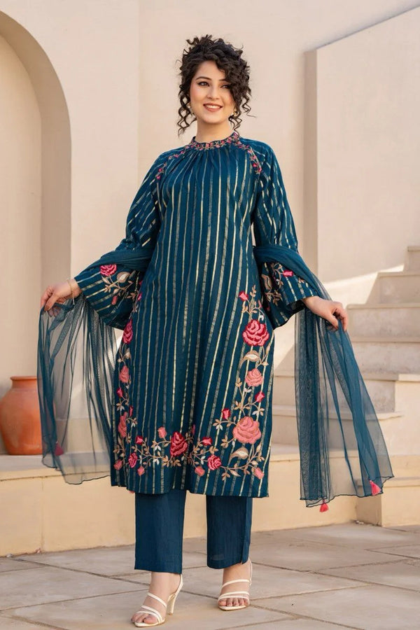 KASAK TEAL BLUE ZARI DETAILED COTTON EMBROIDERED SUIT