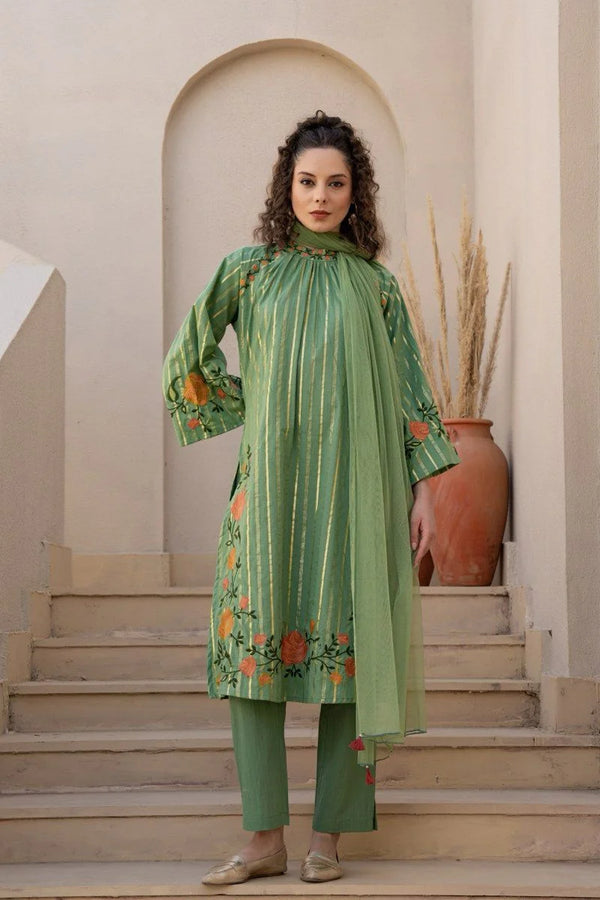 KASAK GREEN ZARI DETAILED COTTON EMBROIDERED SUIT