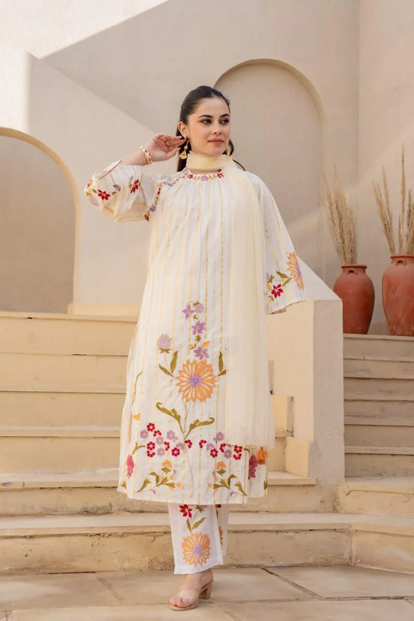 KASAK IVORY ZARI DETAILED COTTON EMBROIDERED SUIT