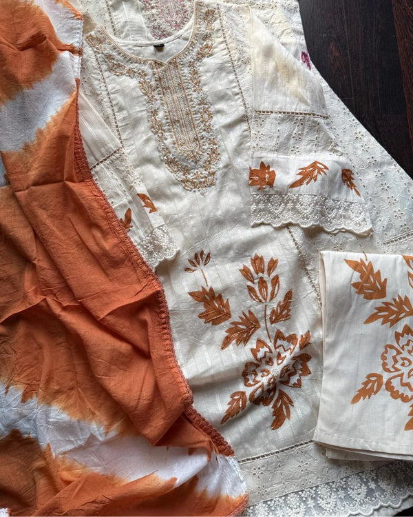 AFSANA RUST PREMIUM KORA COTTON BRUSH PAINTED SUIT SET