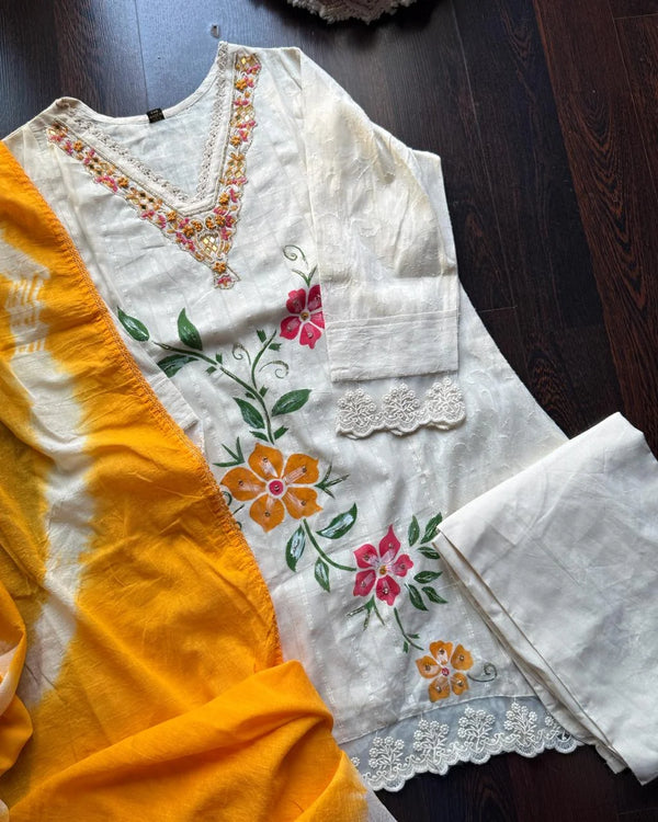 NISHA YELLOW PREMIUM KORA COTTON BRUSH PAINTED SHORT SET