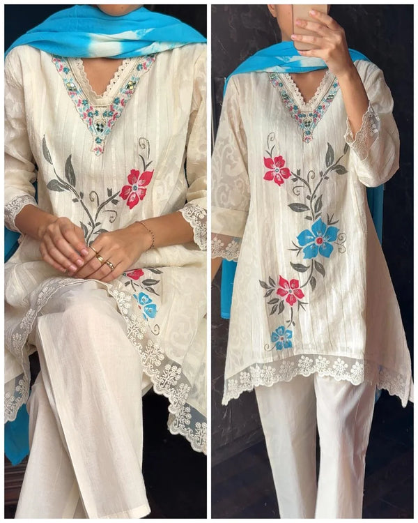 NISHA BLUE PREMIUM KORA COTTON BRUSH PAINTED SHORT SET