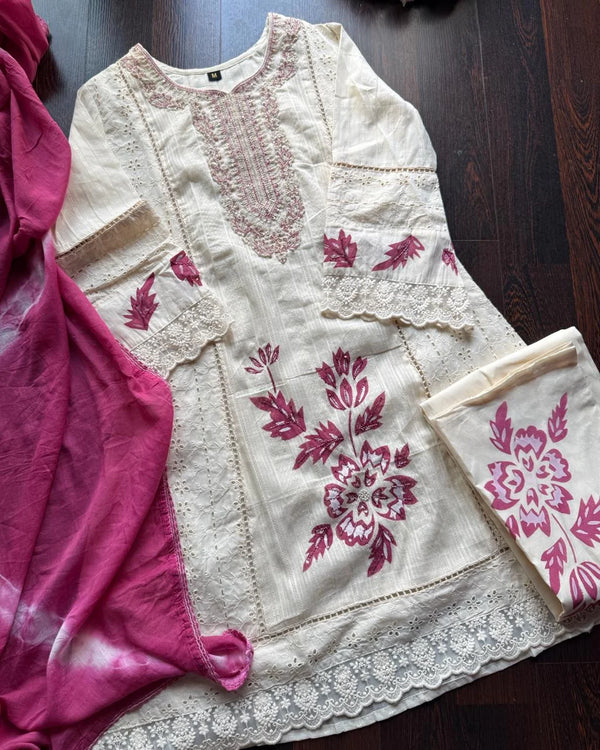 AFSANA PLUM PREMIUM KORA COTTON BRUSH PAINTED SUIT SET