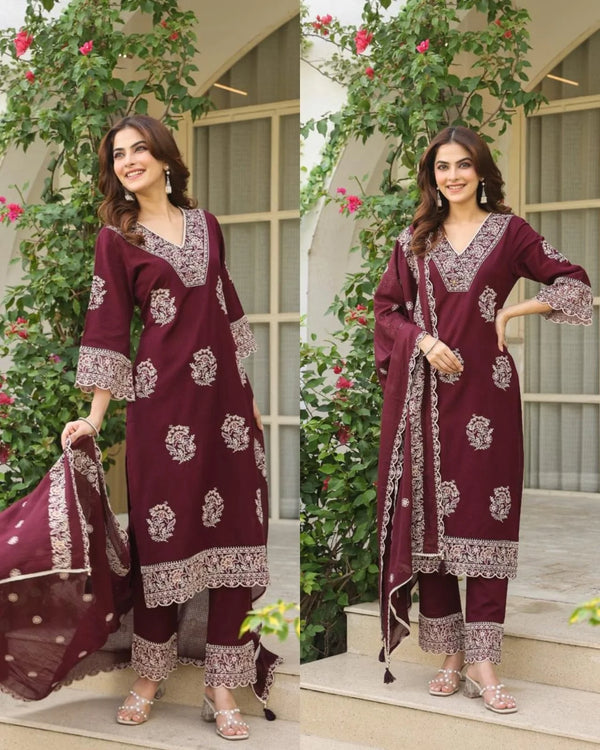 ZARIN WINE PREMIUM PAKISTANI EMBROIDERED COTTON SUIT