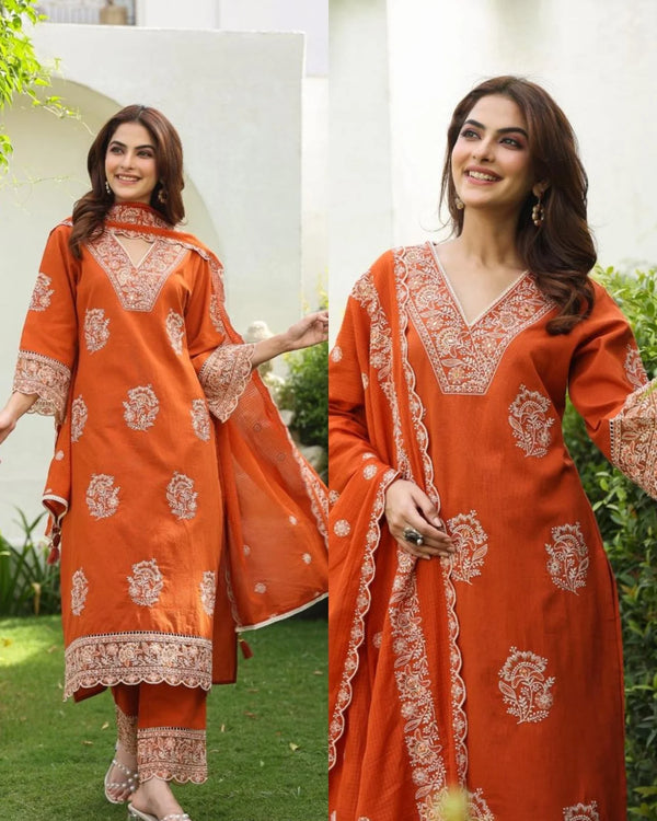 ZARIN RUST ORANGE PREMIUM PAKISTANI EMBROIDERED COTTON SUIT