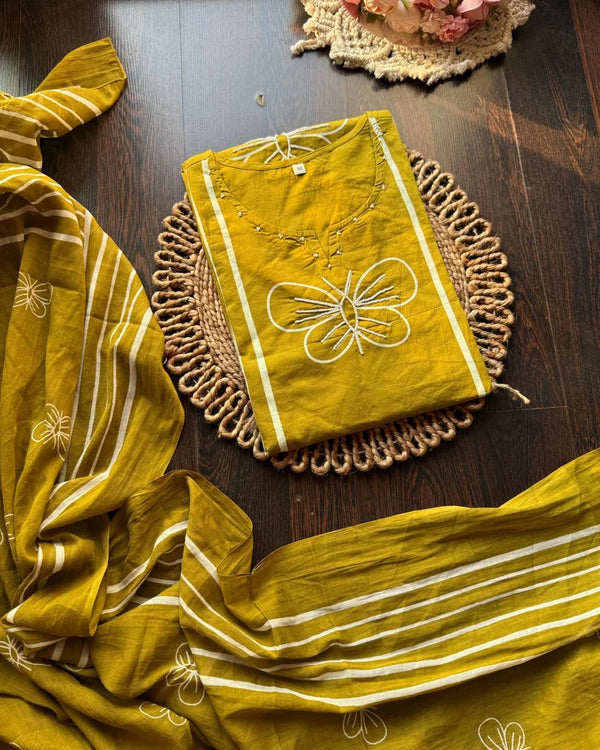 KUSHA LIME PREMIUM BUTTERFLY HANDWORK COTTON SUIT